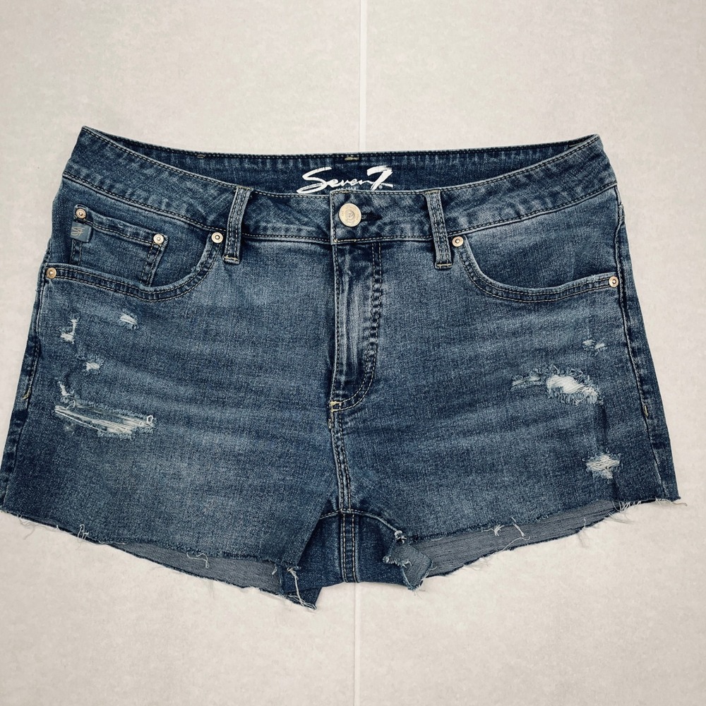 Seven7 Relaxed Bermuda Denim Shorts Womens 8 Medium‎ Wash Distressed Raw Hem